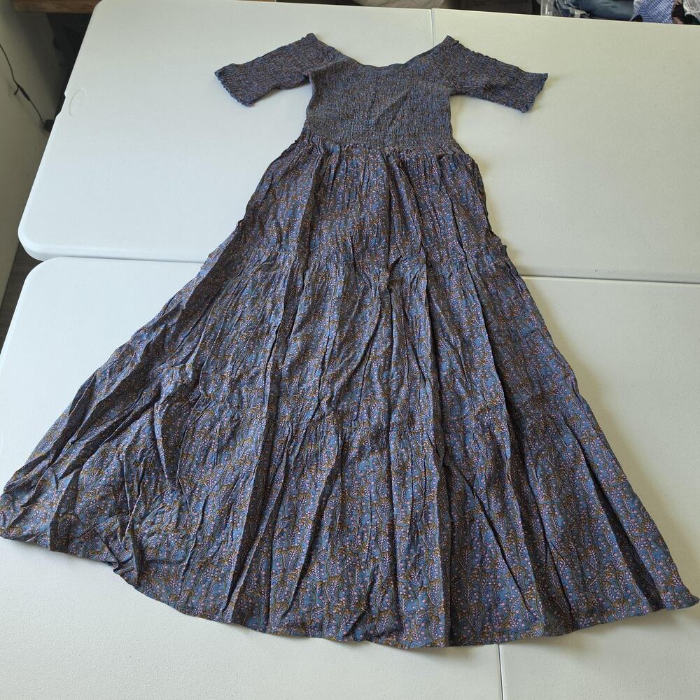 Natural Life Dress Womens XS/S Blue Floral Smocked Maxi Boho Hippie Festival